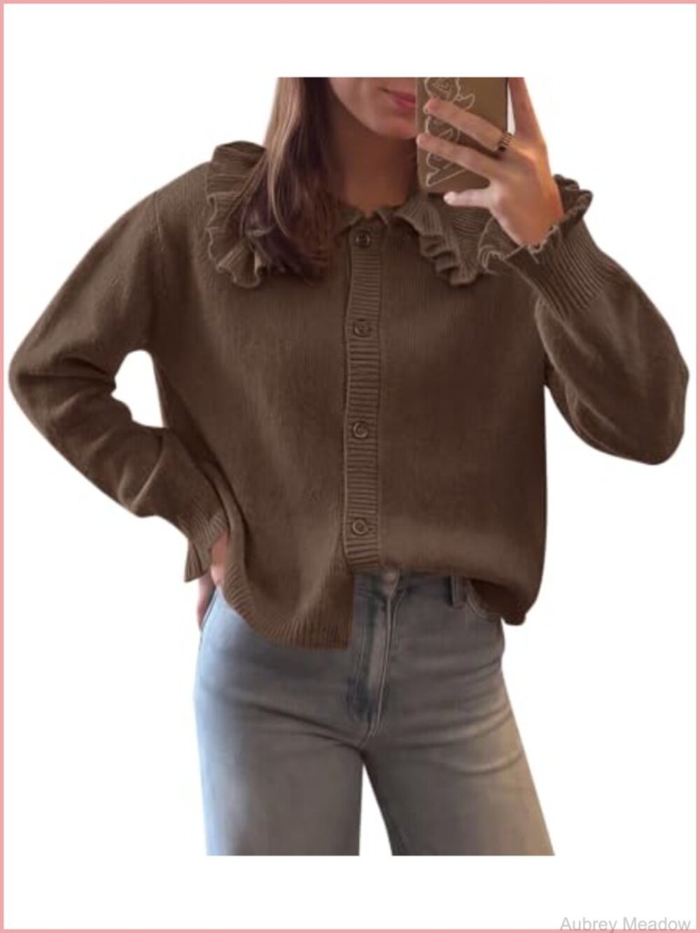Ruffle Button Down Cardigan Cropped Sweater Long Sleeve Collared